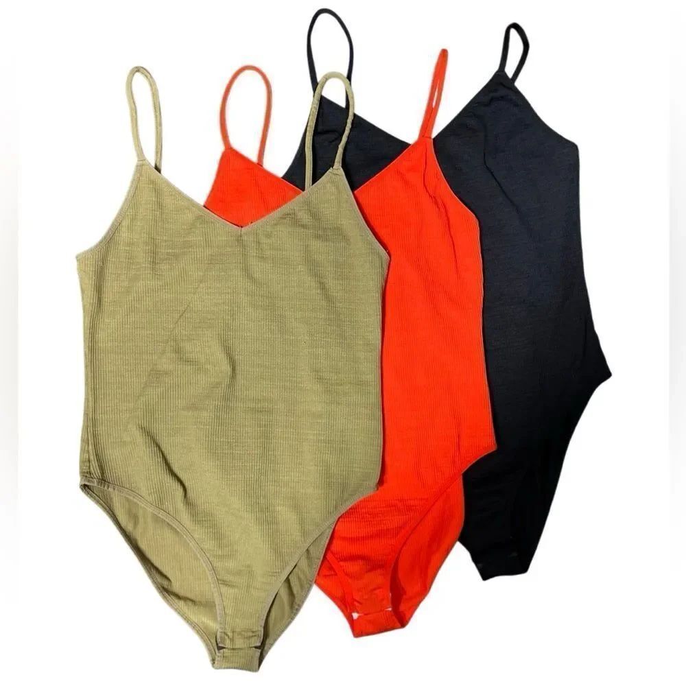 TopShop Ribbed Bodysuit Bundle Set of 3 Black, Orange, Green Size 12